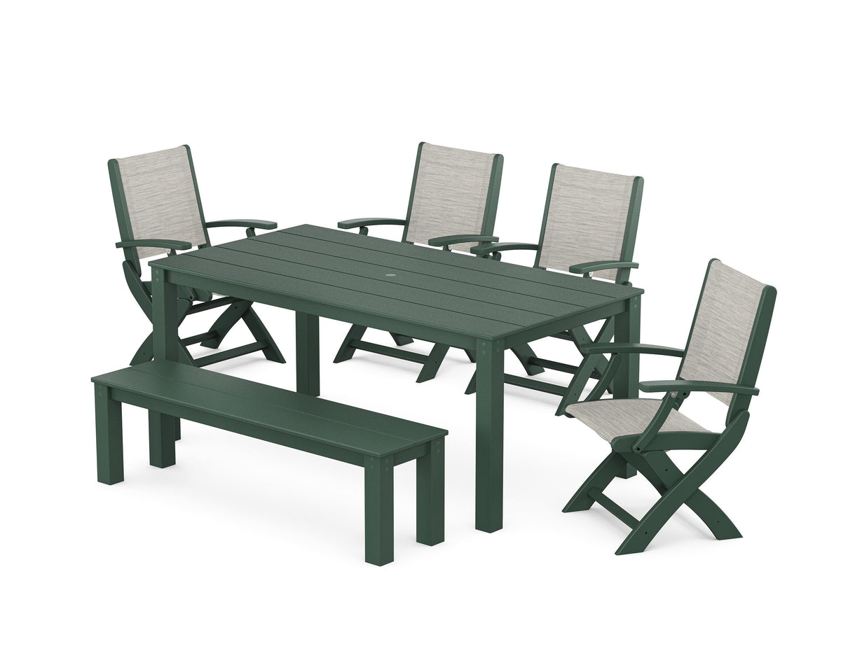 POLYWOOD Coastal Folding Chair 6-Piece Parsons Dining Set with Bench in Green / Birch