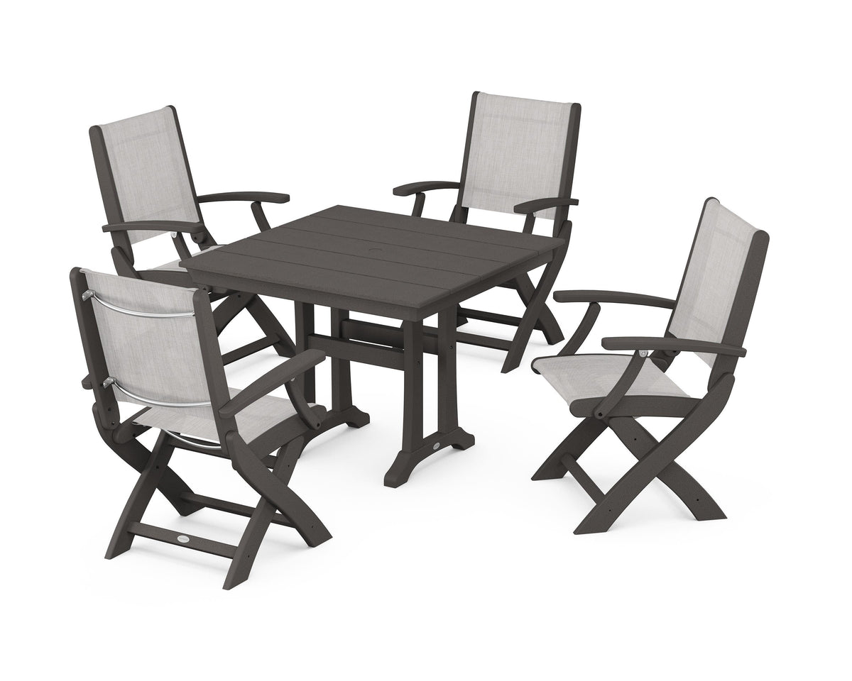 POLYWOOD Coastal Folding Chair 5-Piece Farmhouse Dining Set With Trestle Legs in Vintage Coffee / Parchment