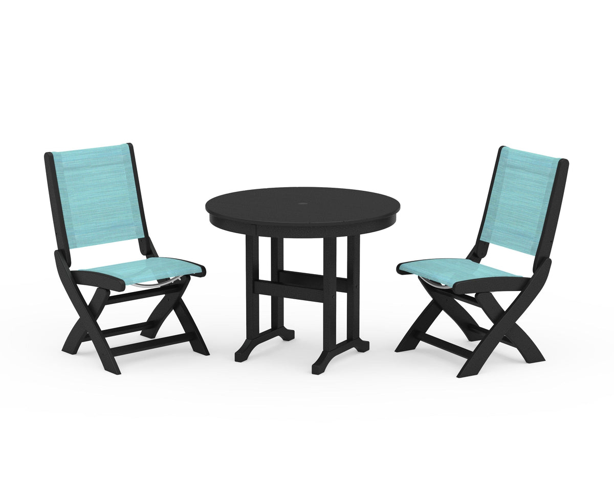 POLYWOOD Coastal Folding Side Chair 3-Piece Round Dining Set in Black / Dupioni Aquamarine