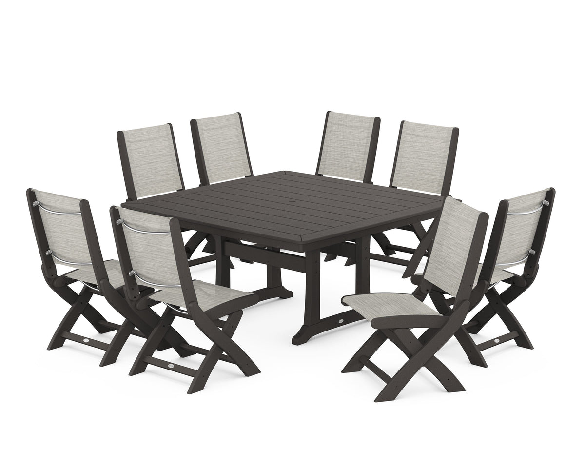POLYWOOD Coastal Folding Side Chair 9-Piece Dining Set with Trestle Legs in Vintage Coffee / Birch