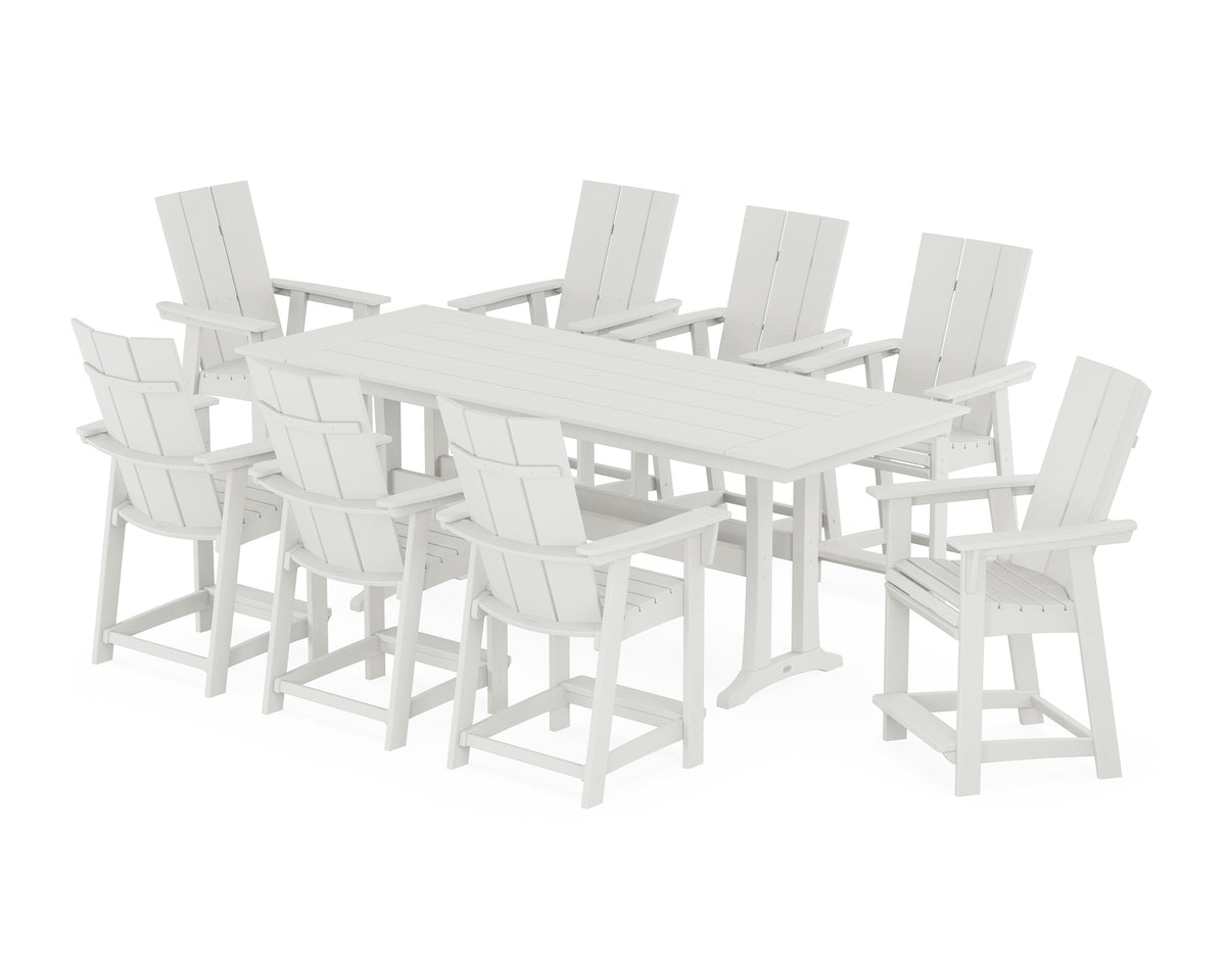 POLYWOOD Modern Curveback Adirondack 9-Piece Farmhouse Counter Set with Trestle Legs in Vintage White