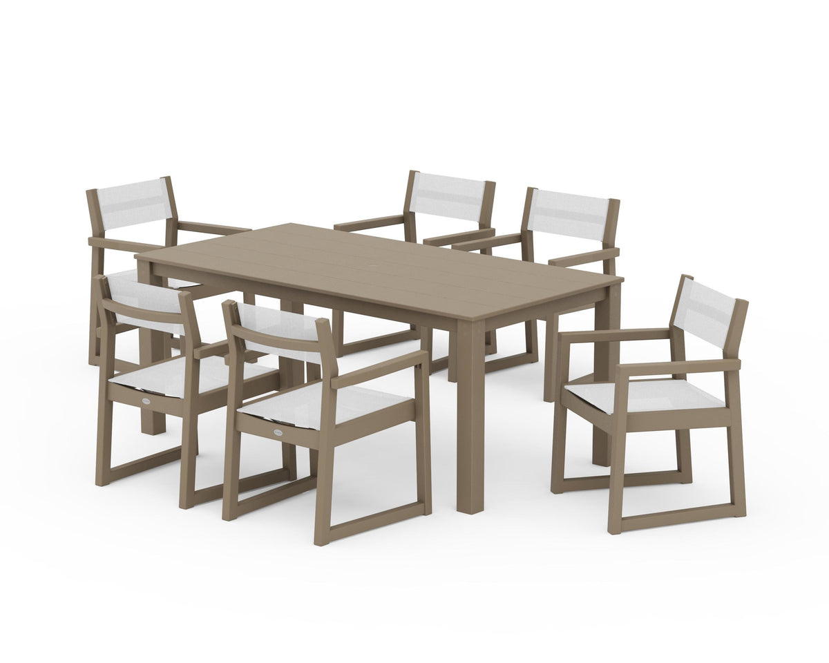 POLYWOOD EDGE Sling Arm Chair 7-Piece Parsons Dining Set in Vintage Sahara / White