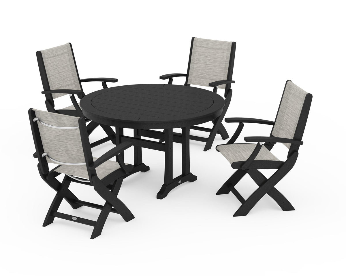 POLYWOOD Coastal Folding Chair 5-Piece Round Dining Set with Trestle Legs in Black / Birch