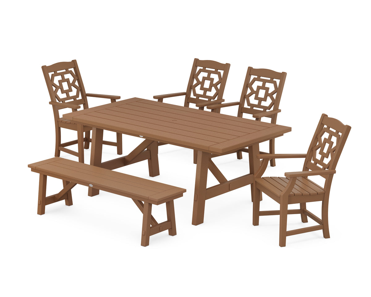 POLYWOOD Chinoiserie 6-Piece Rustic Farmhouse Dining Set with Bench in Teak
