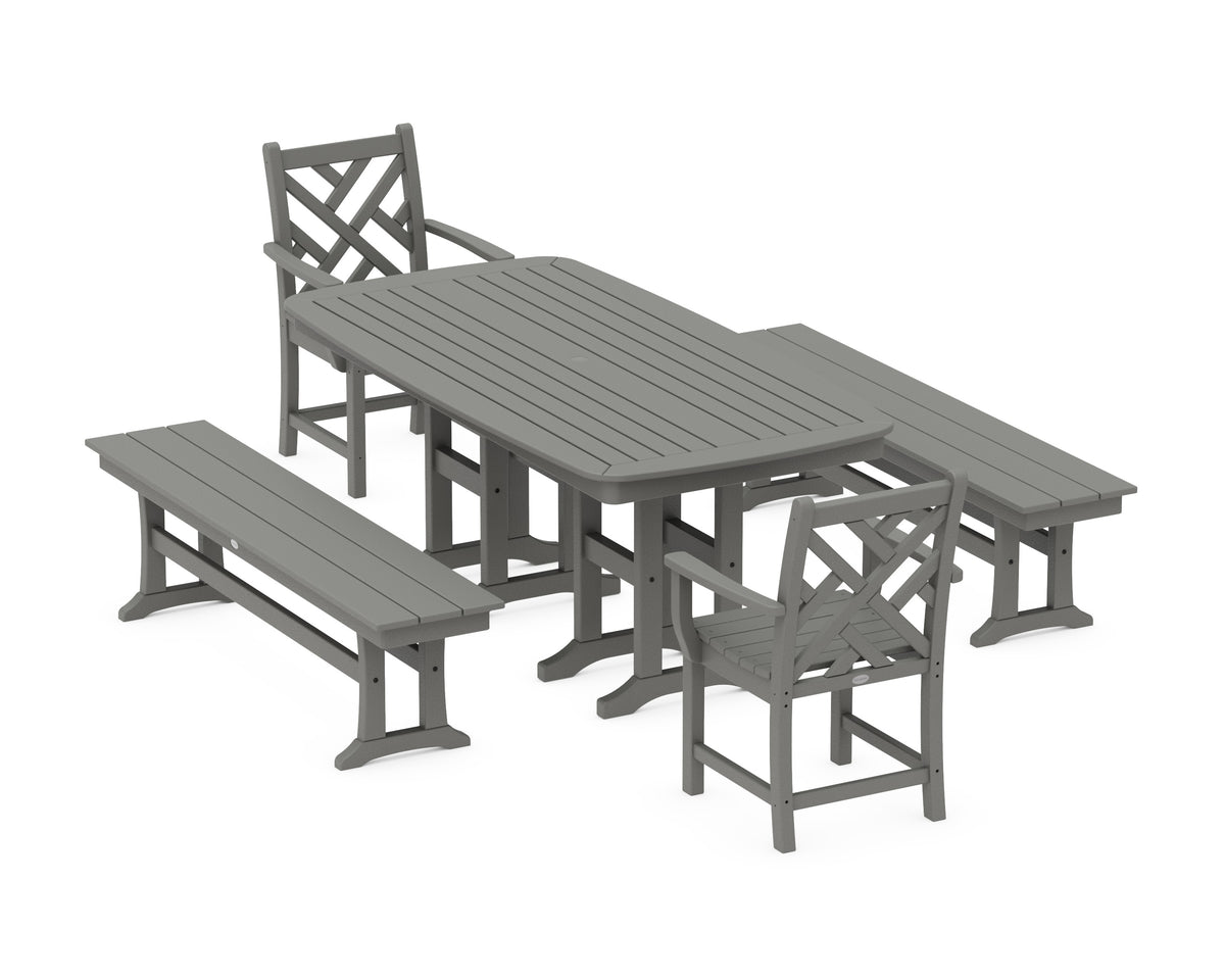POLYWOOD Chippendale 5-Piece Dining Set with Benches - 37" x 72" Table in Slate Grey