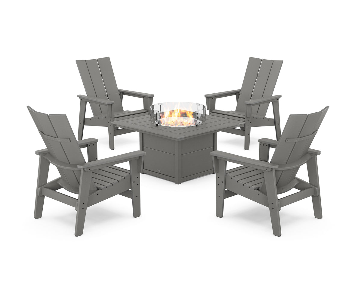 POLYWOOD 5-Piece Modern Grand Upright Adirondack Conversation Set with Fire Pit Table in Slate Grey