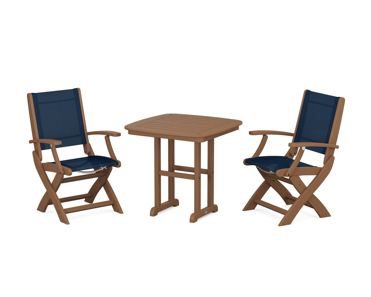 POLYWOOD Coastal Folding Chair 3-Piece Dining Set in Teak / Navy Blue