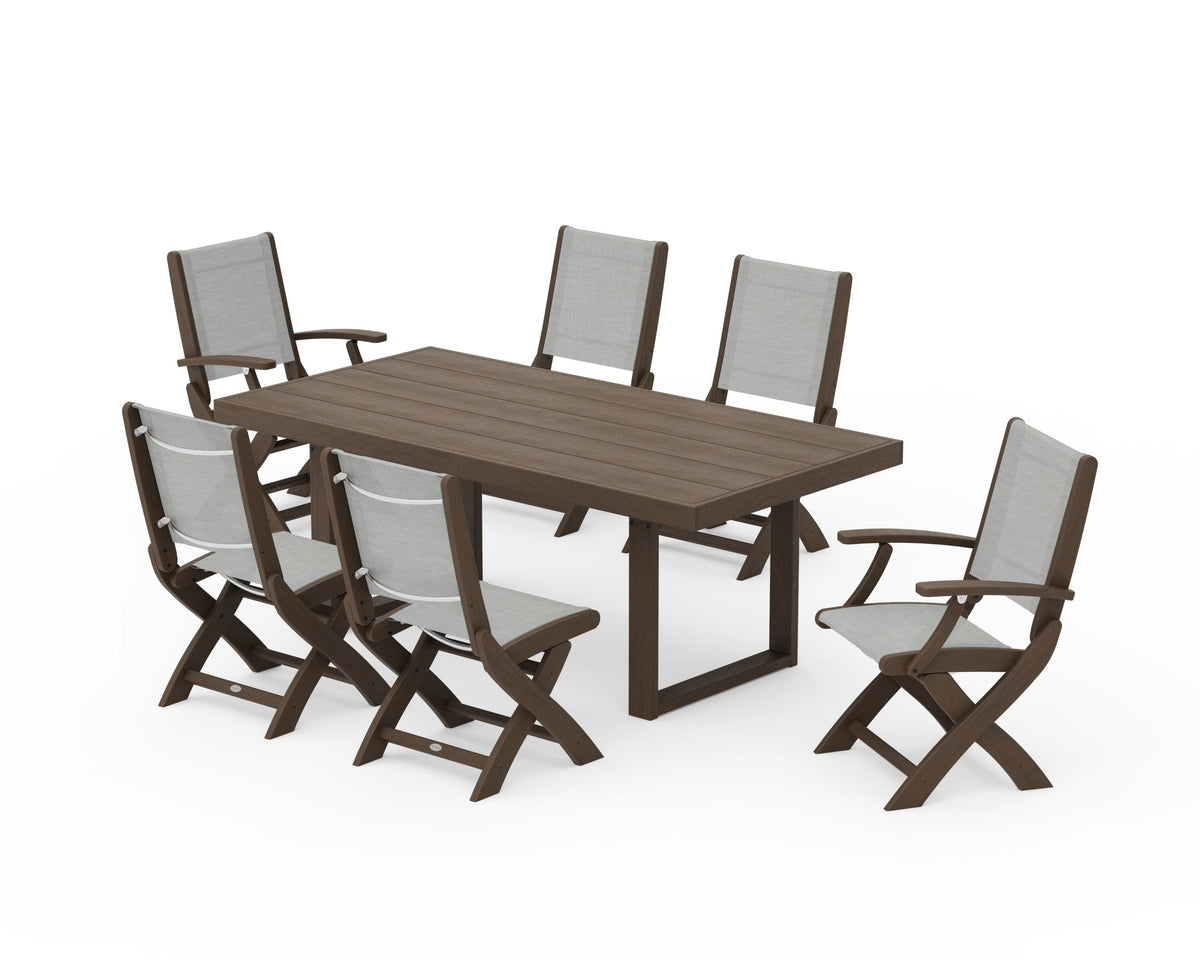 POLYWOOD Coastal Folding Chair 7-Piece Dining Set with Trestle Legs with EDGE 40" x 78" Dining Table in Kona / Metallic