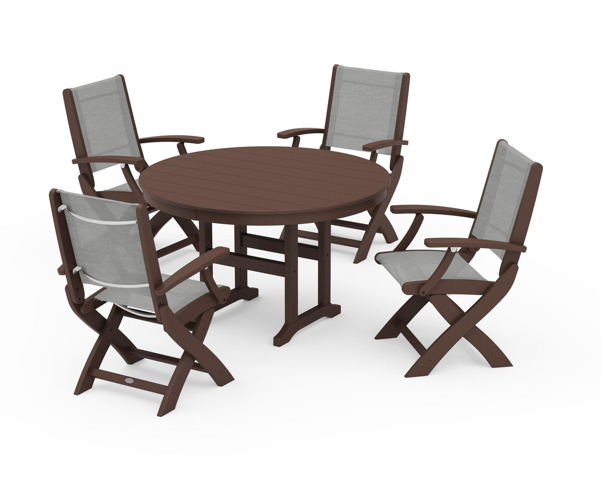 POLYWOOD Coastal Folding Chair 5-Piece Round Dining Set in Mahogany / Metallic