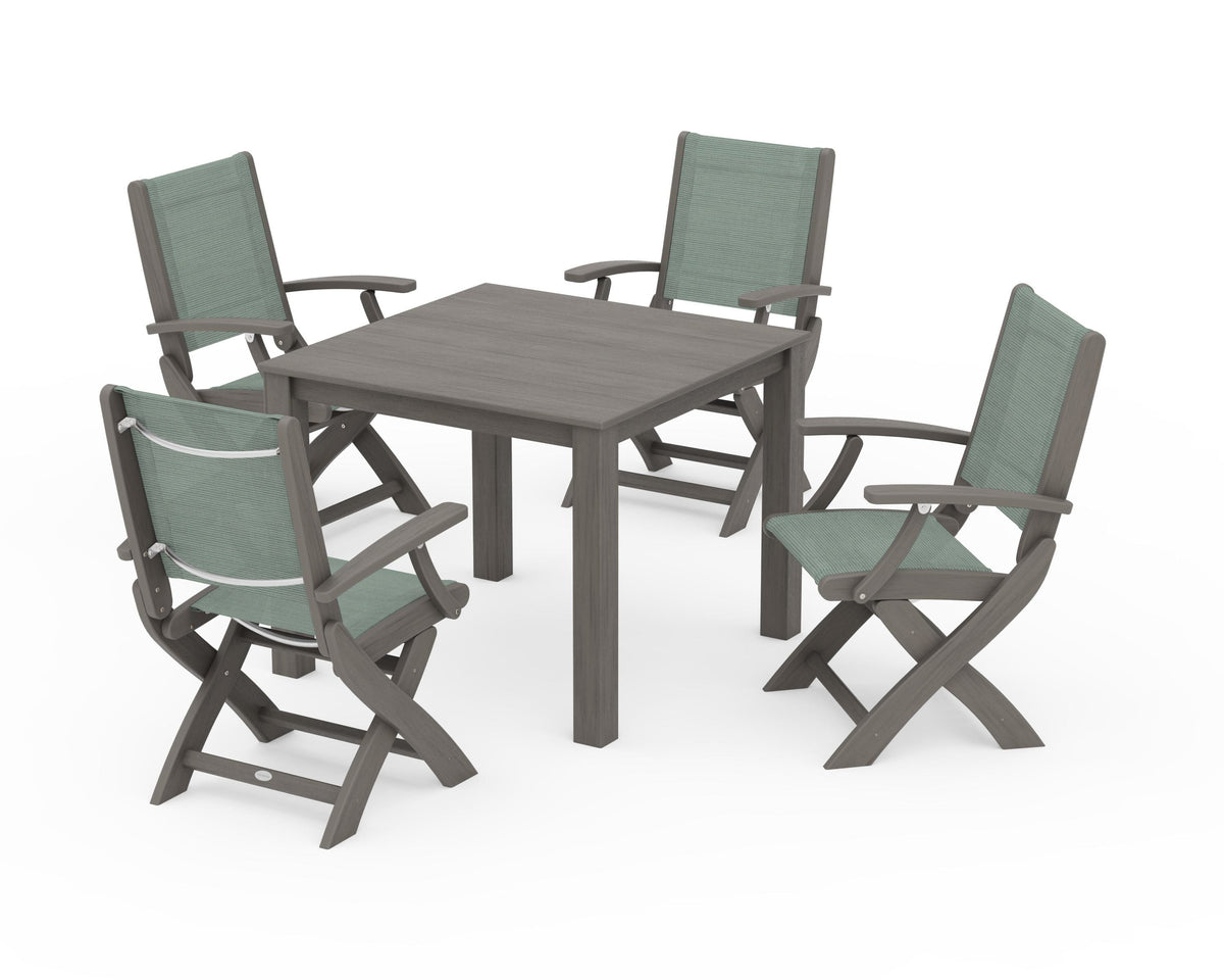 POLYWOOD Coastal Folding Chair 5-Piece Parsons Dining Set in Driftwood / Dupioni Sea Mist