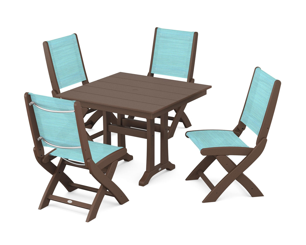 POLYWOOD Coastal Folding Side Chair 5-Piece Farmhouse Dining Set With Trestle Legs in Mahogany / Dupioni Aquamarine