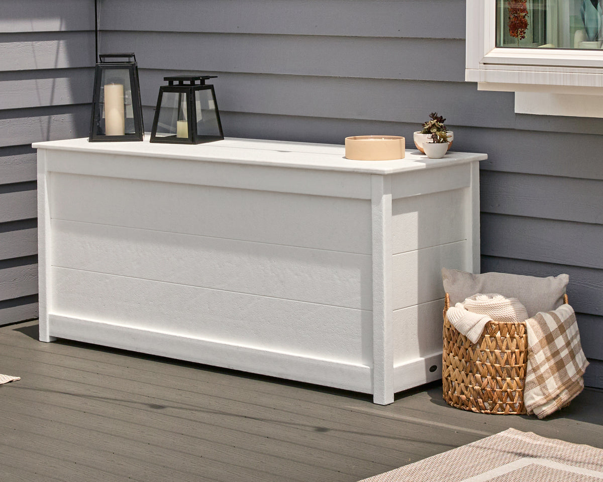 POLYWOOD 68" Storage Box Table in White in an outdoor setting (2)