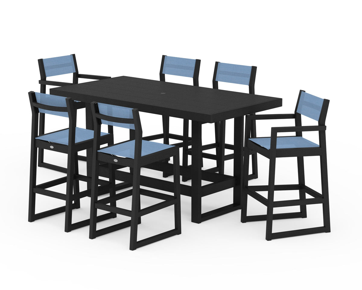 POLYWOOD EDGE Sling 7-Piece Bar Table Set in Black / Poolside