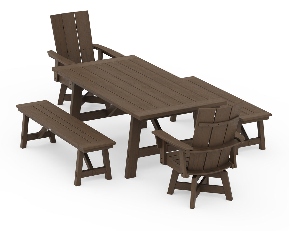 POLYWOOD Modern Curveback Adirondack Swivel Chair 5-Piece Rustic Farmhouse Dining Set with Benches in Kona