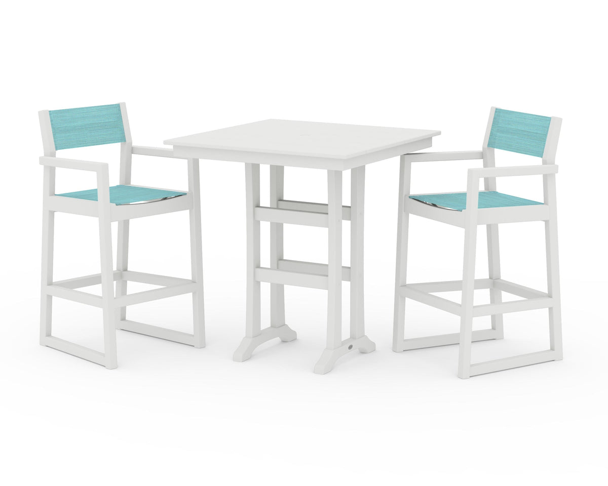 POLYWOOD EDGE Sling Arm Chair 3-Piece Farmhouse Bar Set with Trestle Legs in Vintage White / Dupioni Aquamarine