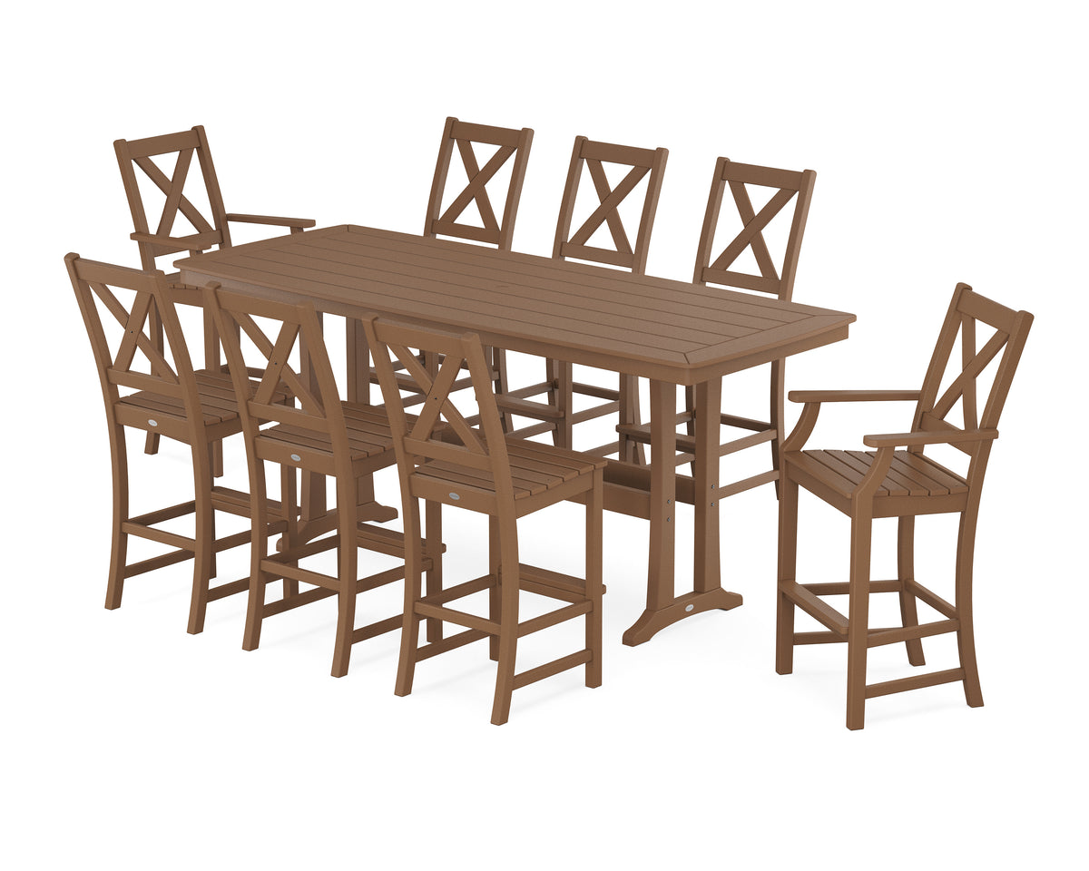 POLYWOOD Braxton 9-Piece Bar Set with Trestle Legs in Teak