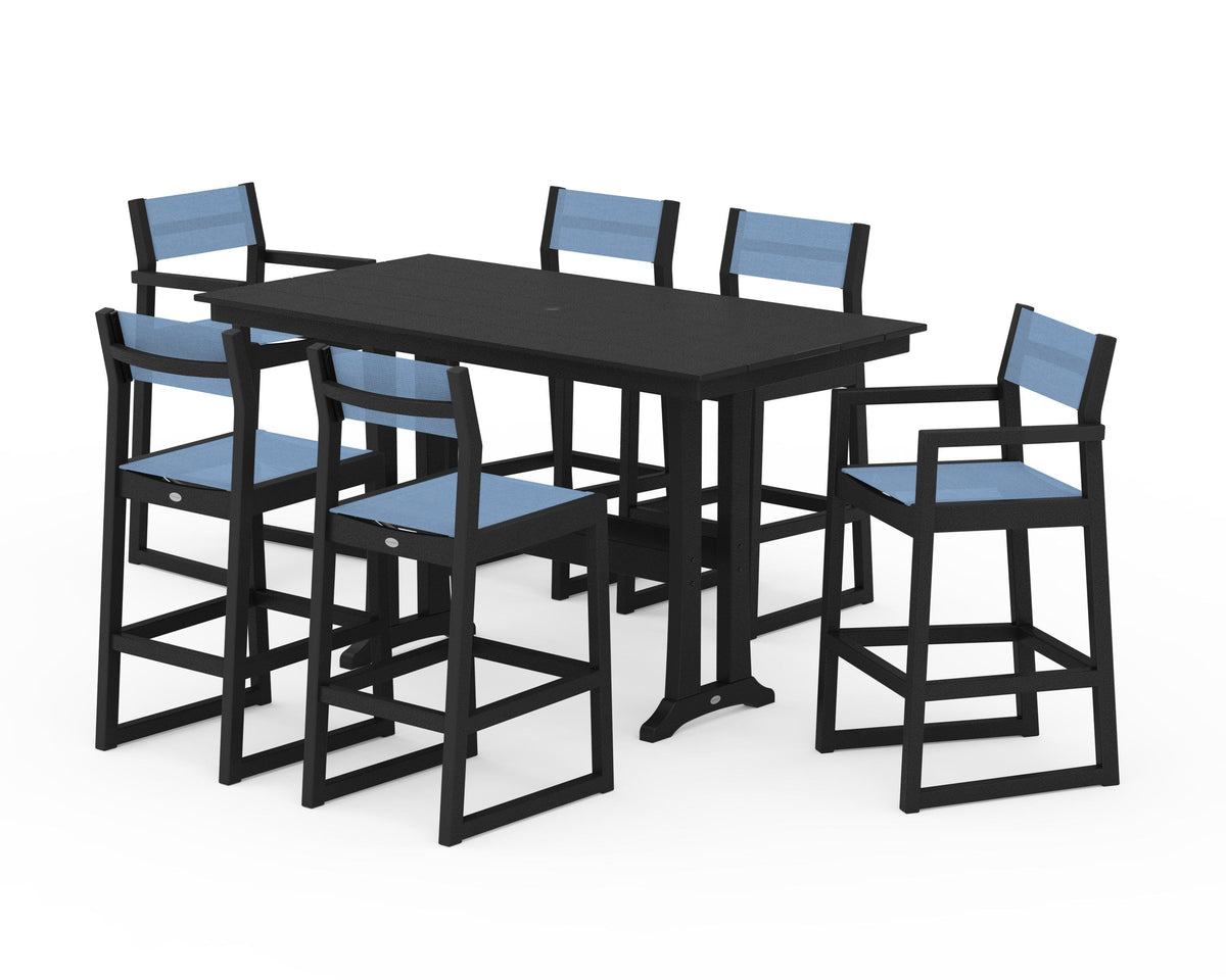 POLYWOOD EDGE Sling 7-Piece Farmhouse Bar Set with Trestle Legs in Black / Poolside