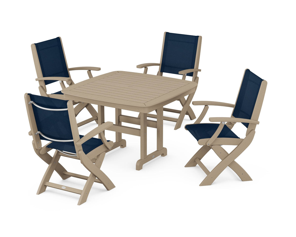 POLYWOOD Coastal Folding Chair 5-Piece Dining Set with Nautical 44" Dining Table in Vintage Sahara / Navy Blue