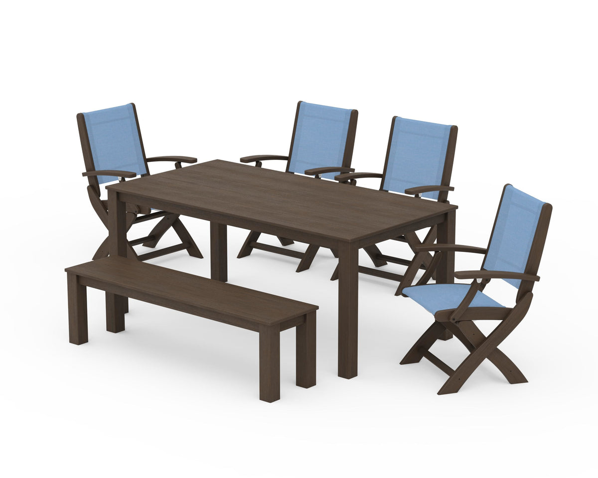 POLYWOOD Coastal Folding Chair 6-Piece Parsons Dining Set with Bench in Kona / Poolside