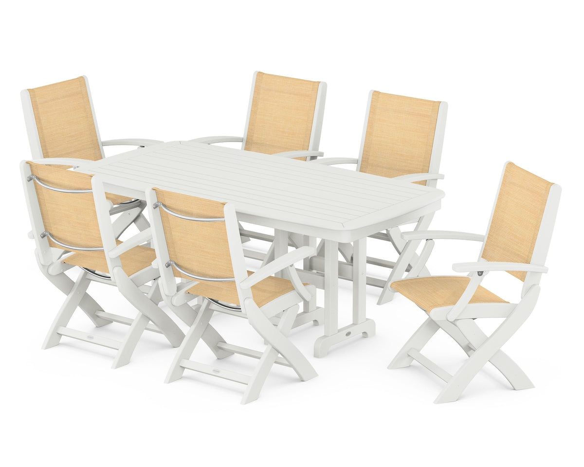 POLYWOOD Coastal Folding Arm Chair 7-Piece Dining Set in Vintage White / Dupioni Apricot