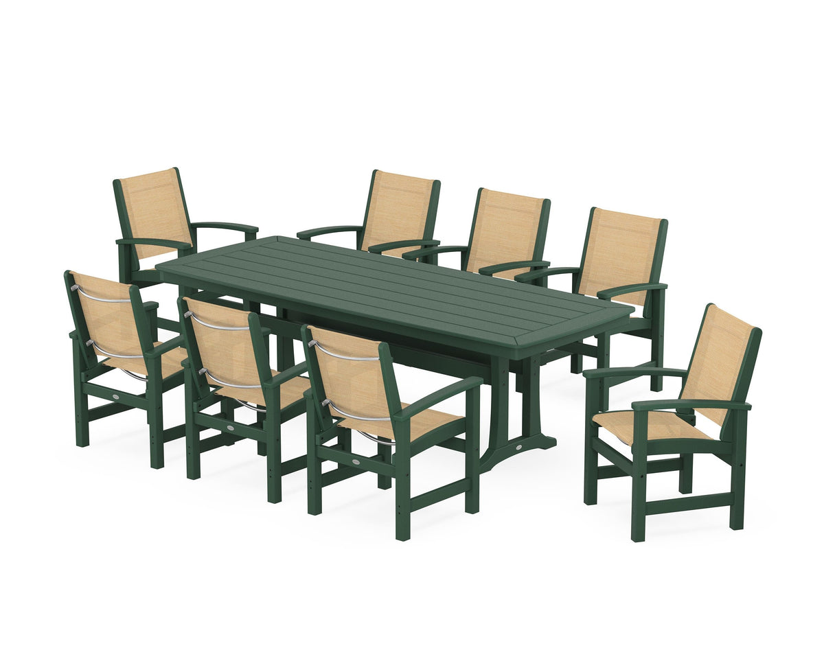 POLYWOOD Coastal 9-Piece Dining Set with Trestle Legs in Green / Dupioni Apricot