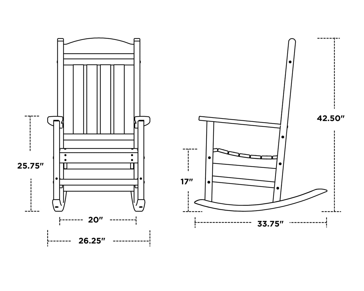 POLYWOOD Presidential Rocking Chair dimension drawing with width, depth and height measurements