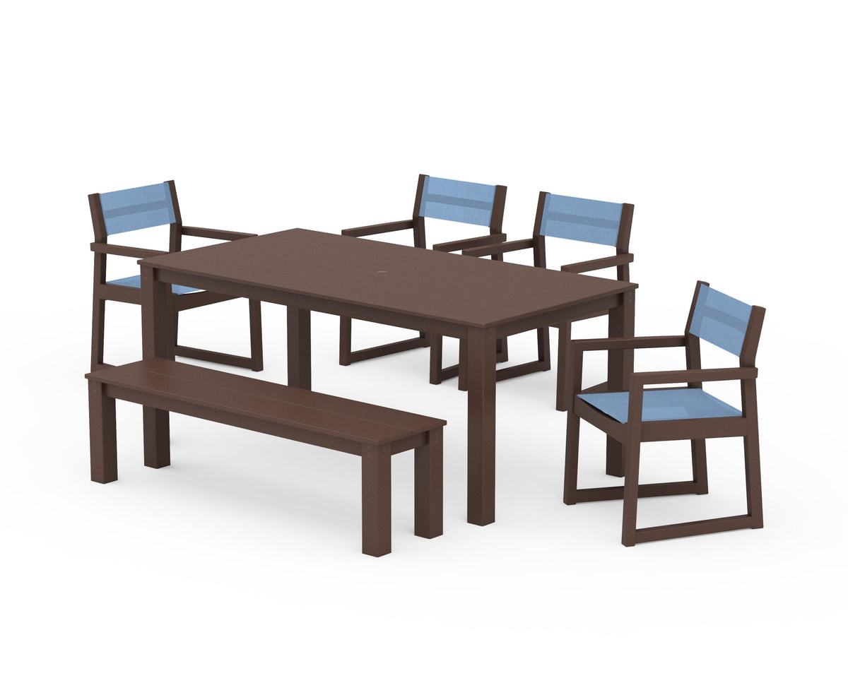 POLYWOOD EDGE Sling Arm Chair 6-Piece Parsons Dining Set with Bench in Mahogany / Poolside