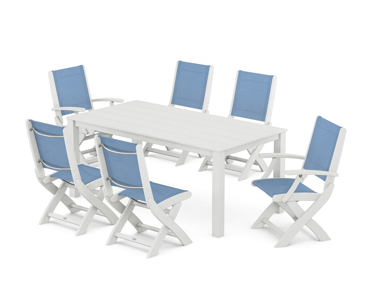 POLYWOOD Coastal Folding Chair 7-Piece Parsons Dining Set with Coastal Folding Side Chair in White / Poolside