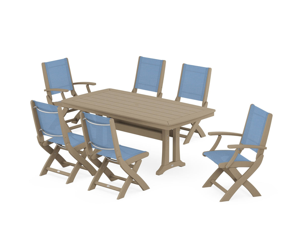 POLYWOOD Coastal Folding Chair 7-Piece Dining Set with Trestle Legs with Nautical Trestle 38" x 73" Dining Table in Vintage Sahara / Poolside
