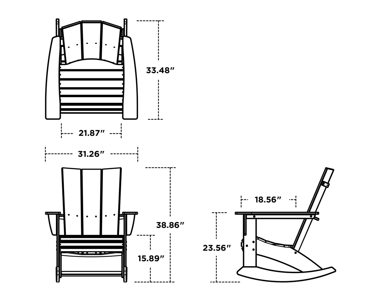 POLYWOOD Modern Curveback Adirondack Rocking Chair dimension drawing with width, depth and height measurements