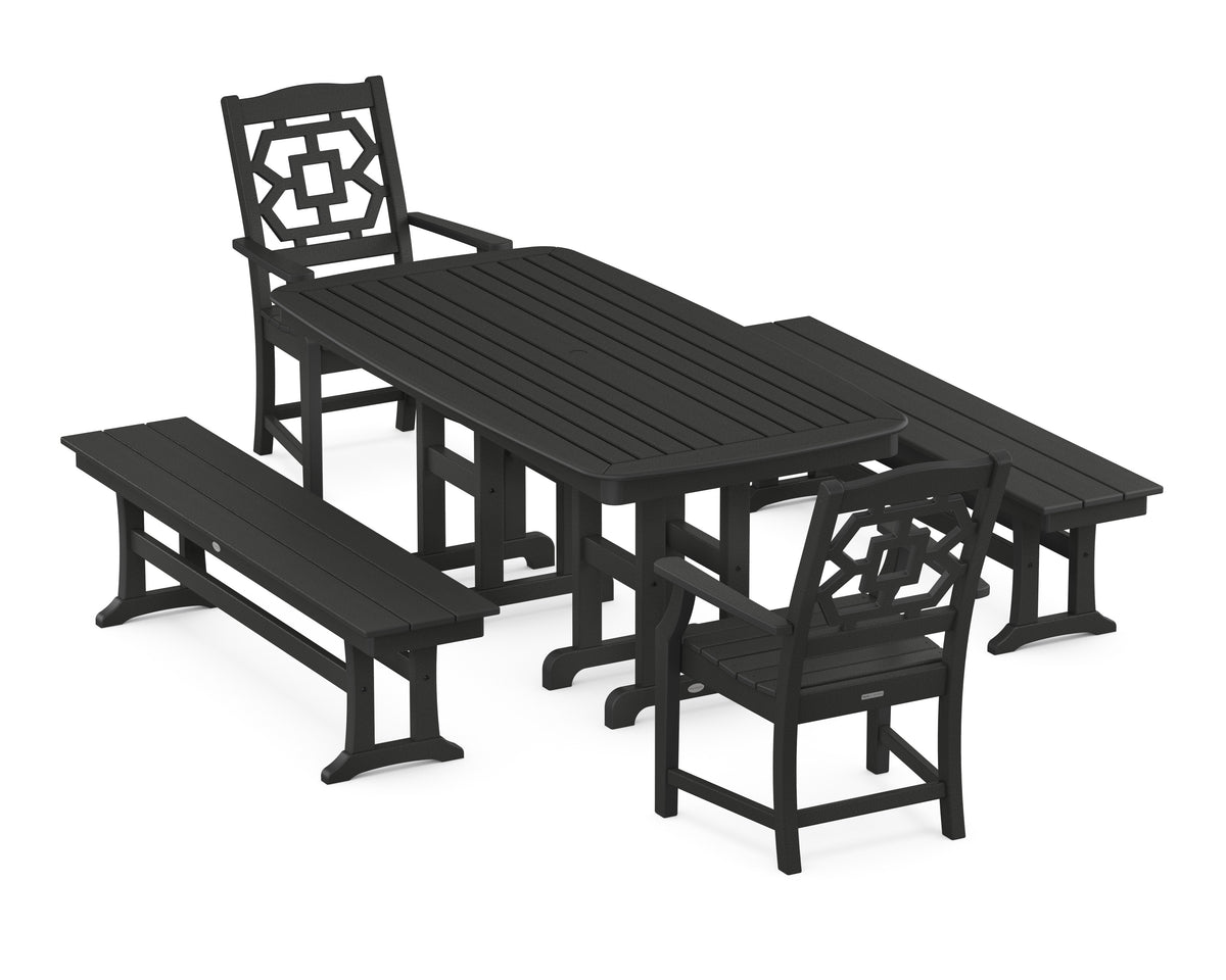 POLYWOOD Chinoiserie 5-Piece Dining Set with Benches in Black
