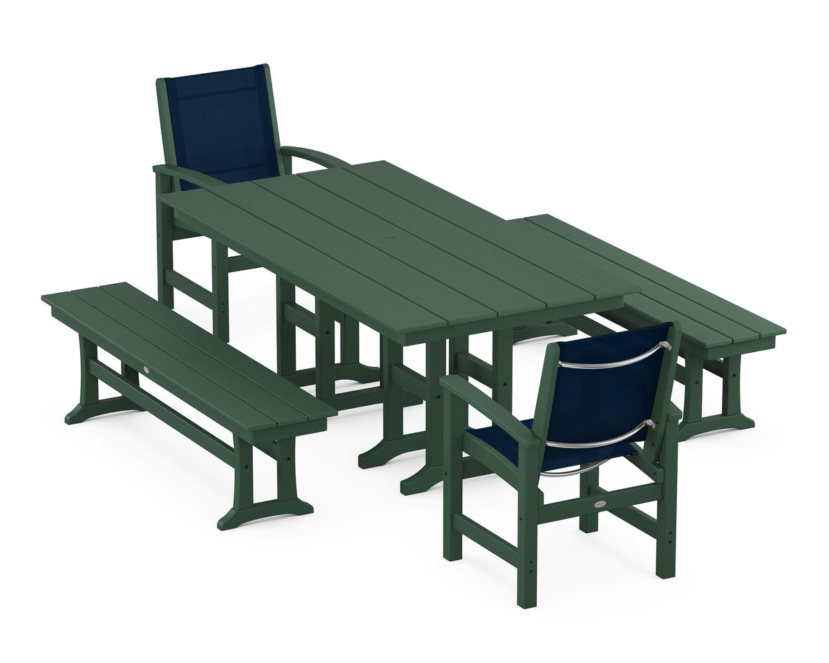 POLYWOOD Coastal 5-Piece Farmhouse Dining Set with Farmhouse 37" x 72" Dining Table in Green / Navy Blue
