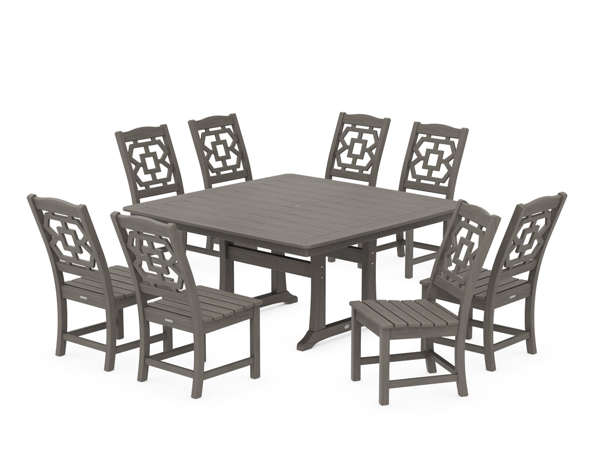 POLYWOOD Chinoiserie 9-Piece Square Side Chair Dining Set with Trestle Legs in Driftwood