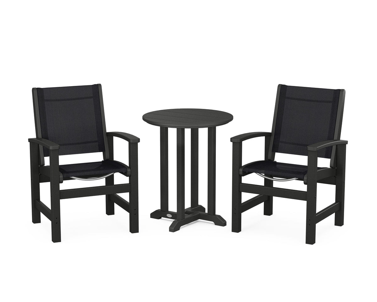 POLYWOOD Coastal 3-Piece Round Bistro Dining Set in Black / Black