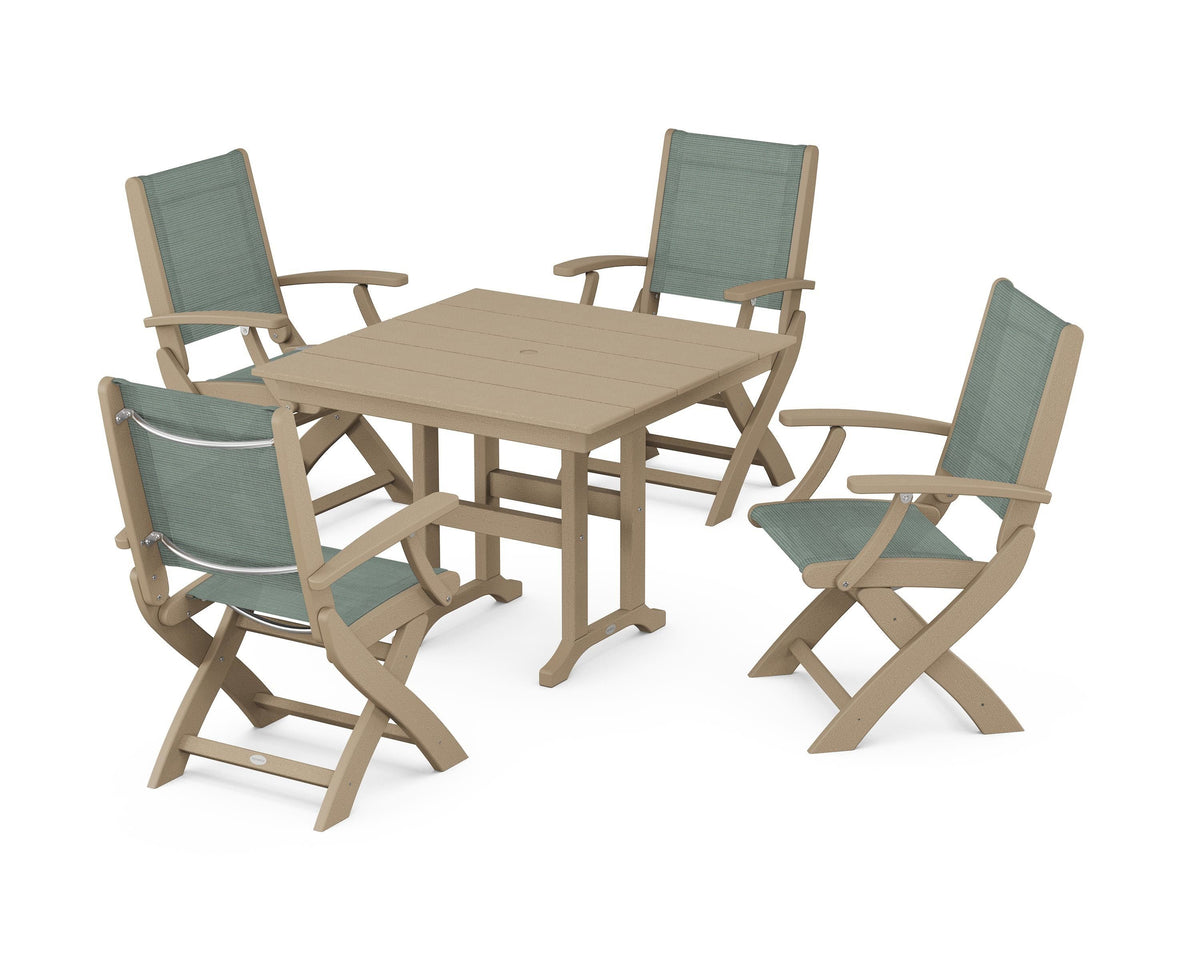 POLYWOOD Coastal Folding Chair 5-Piece Farmhouse Dining Set in Vintage Sahara / Dupioni Sea Mist