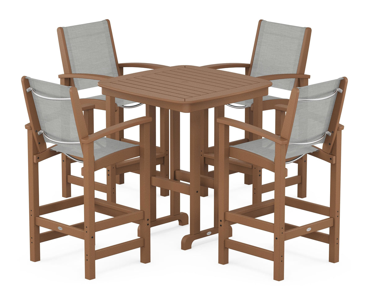 POLYWOOD Coastal 5-Piece Bar Set in Teak / Metallic