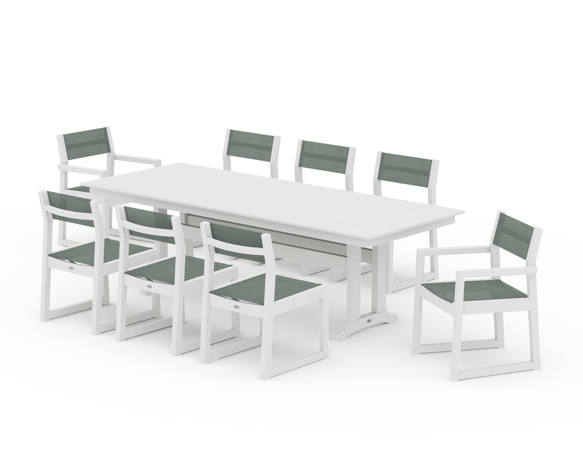 POLYWOOD EDGE Sling 9-Piece Farmhouse Trestle Dining Set in Vintage White / Dupioni Sea Mist