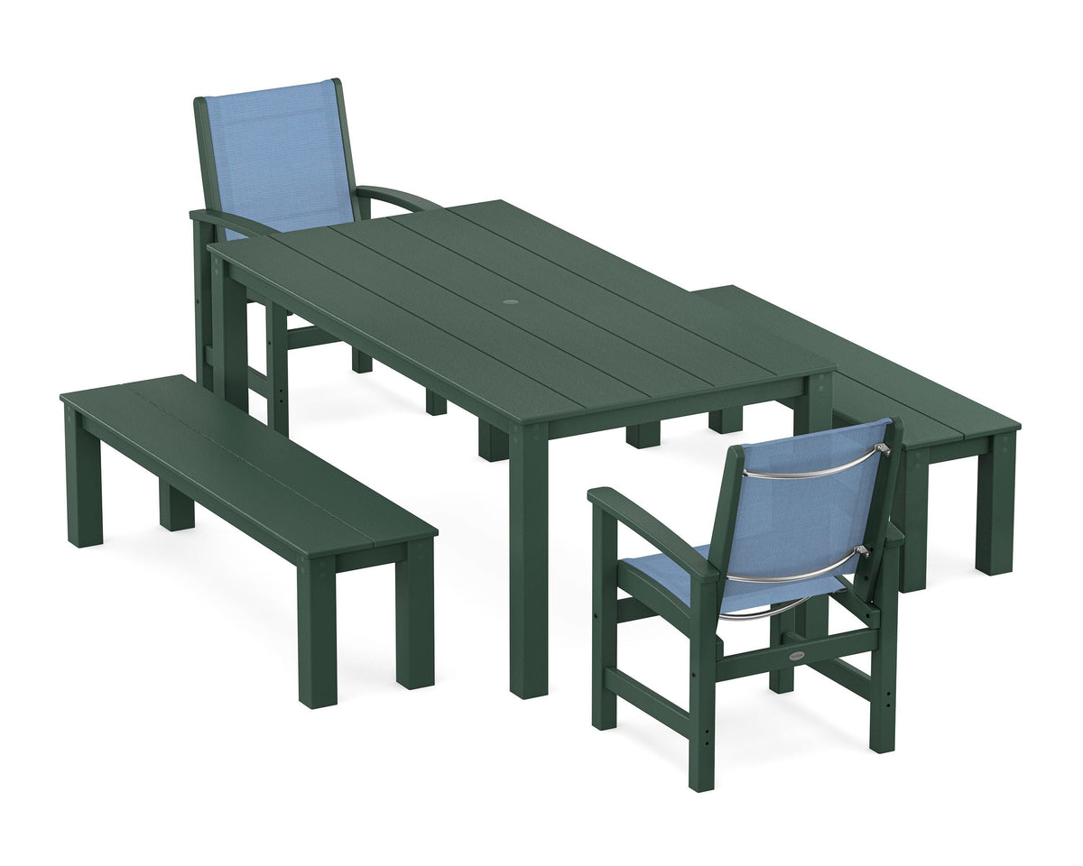 POLYWOOD Coastal 5-Piece Parsons Dining Set with Benches in Green / Poolside