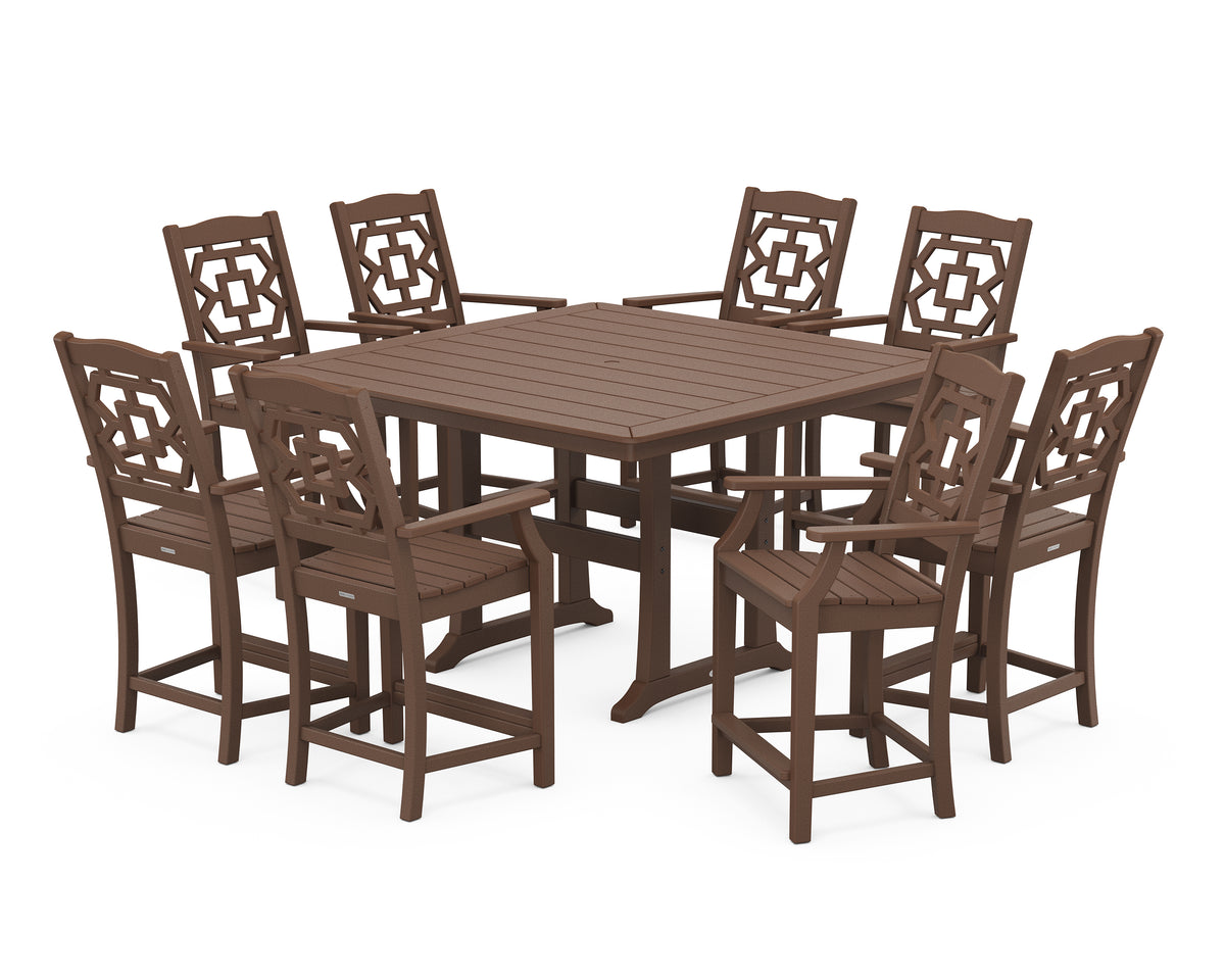 POLYWOOD Chinoiserie 9-Piece Square Counter Set with Trestle Legs in Mahogany