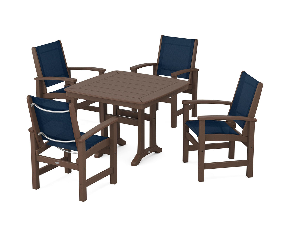 POLYWOOD Coastal 5-Piece Dining Set with Trestle Legs with Nautical Trestle 37" Dining Table in Mahogany / Navy Blue