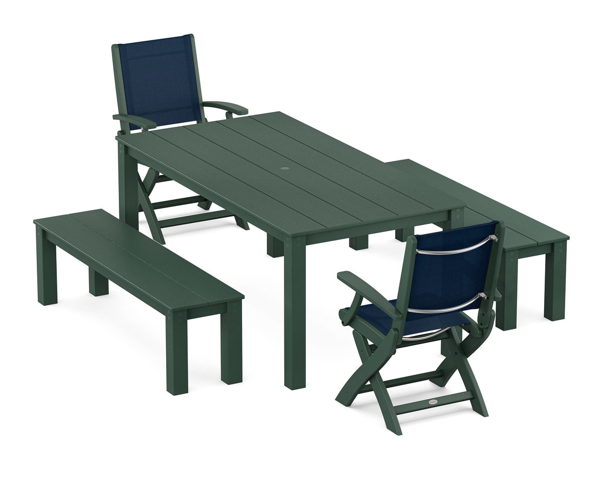 POLYWOOD Coastal Folding Chair 5-Piece Parsons Dining Set with Benches in Green / Navy Blue