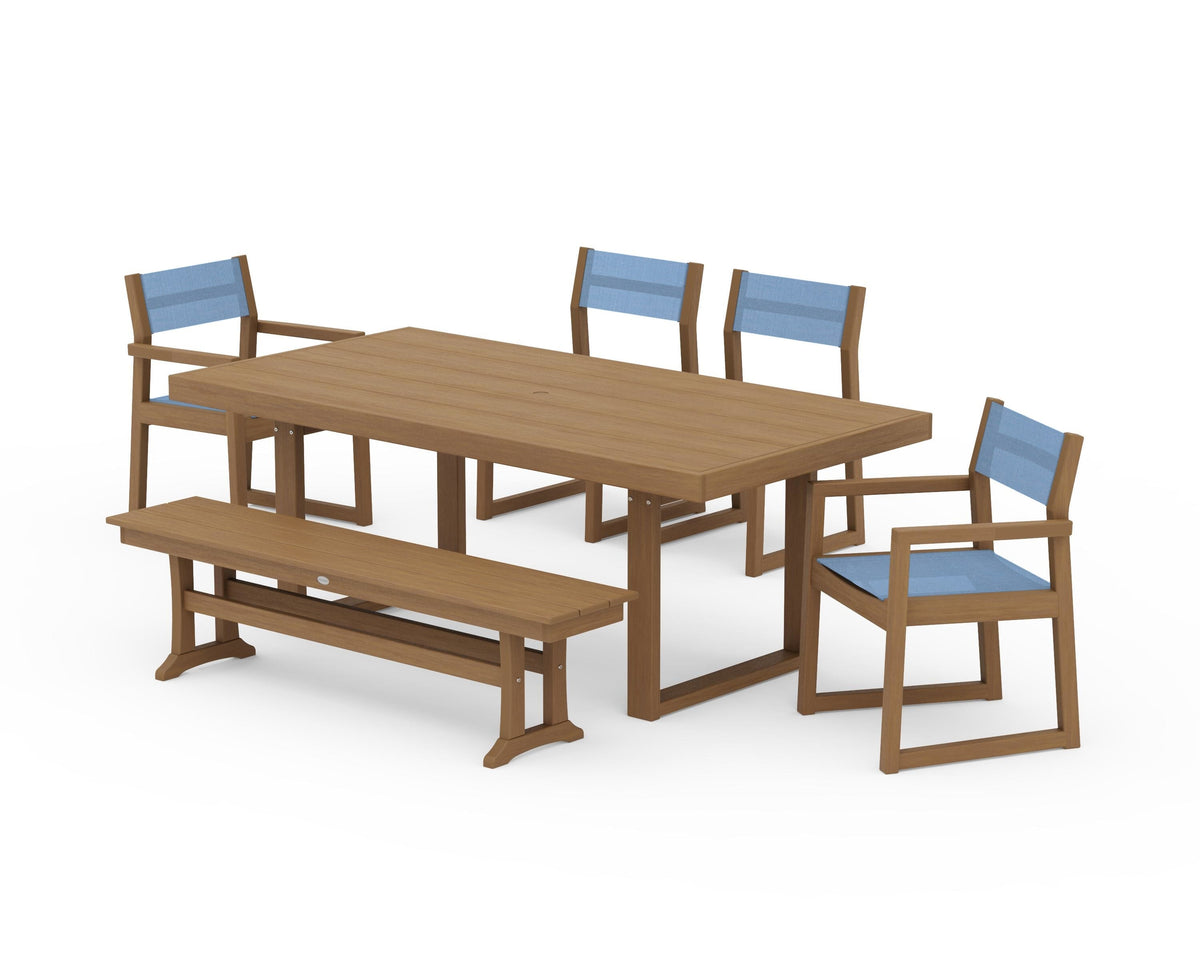 POLYWOOD EDGE Sling 6-Piece Dining Set with Bench in Natural / Poolside