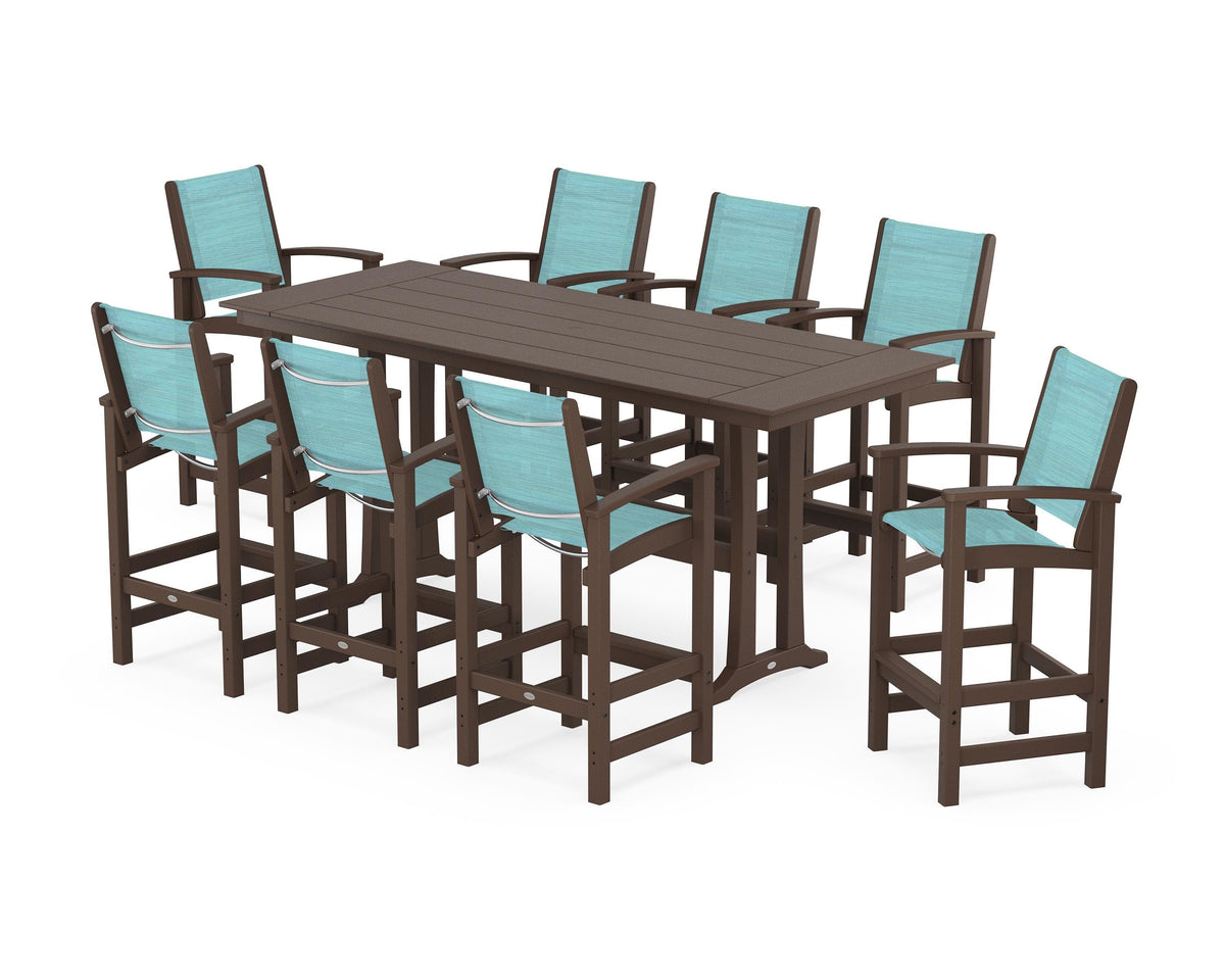 POLYWOOD Coastal 9-Piece Farmhouse Bar Set with Trestle Legs in Mahogany / Dupioni Aquamarine