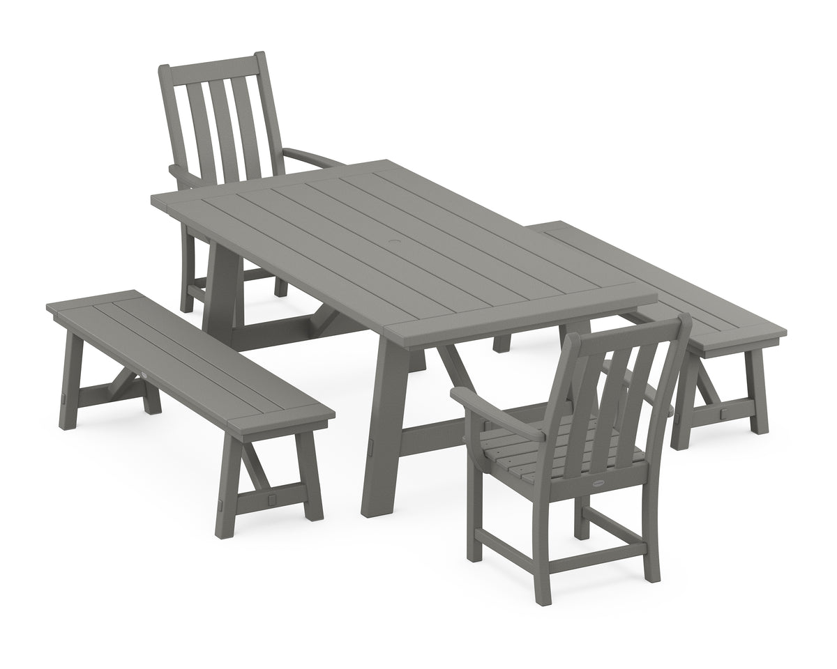 POLYWOOD Vineyard 5-Piece Rustic Farmhouse Dining Set with Benches in Slate Grey