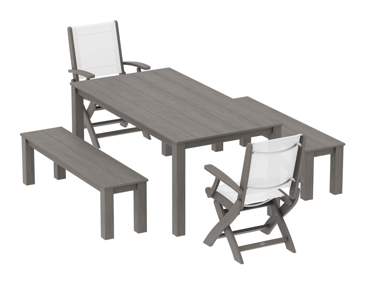 POLYWOOD Coastal Folding Chair 5-Piece Parsons Dining Set with Benches in Driftwood / White