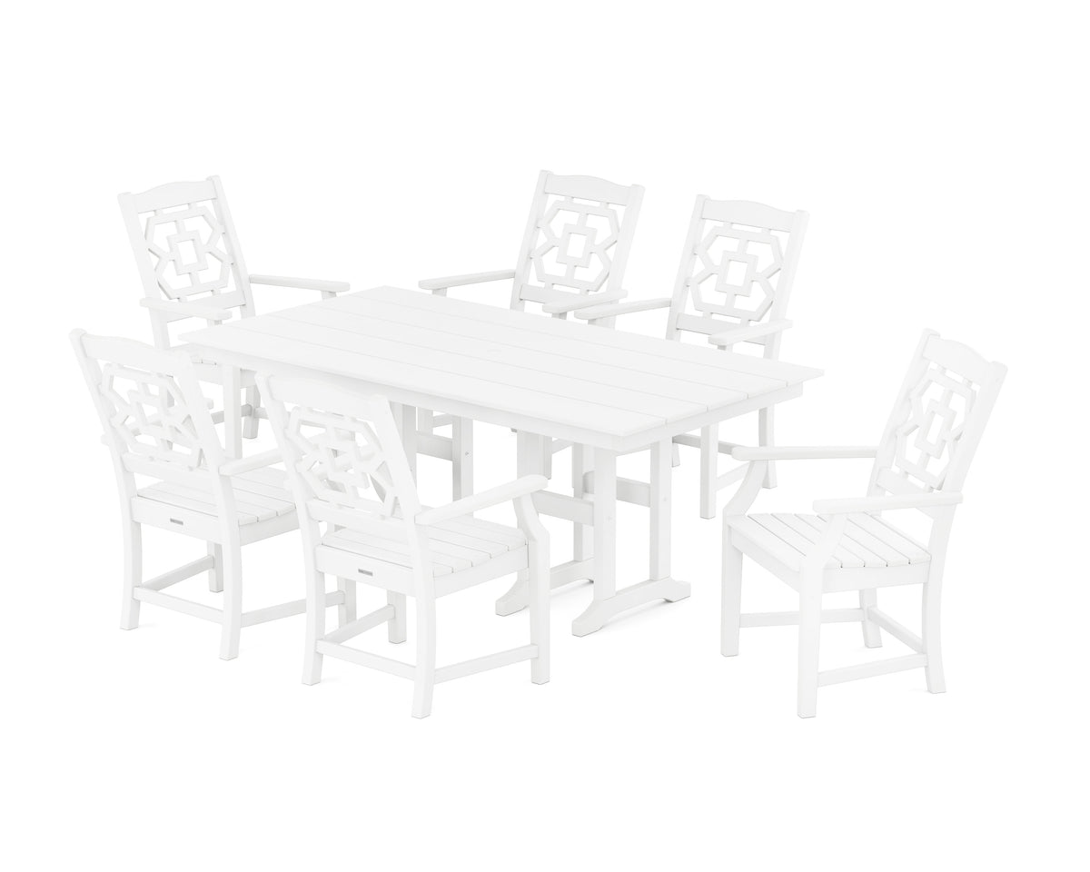 POLYWOOD Chinoiserie Arm Chair 7-Piece Farmhouse Dining Set in White