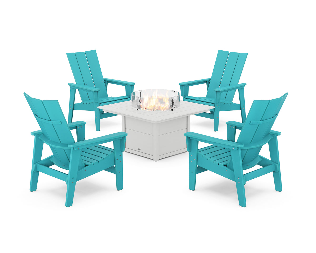 POLYWOOD 5-Piece Modern Grand Upright Adirondack Conversation Set with Fire Pit Table in Aruba / White