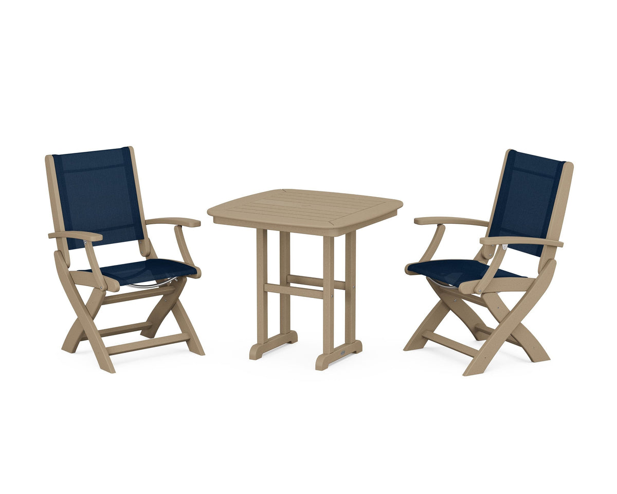 POLYWOOD Coastal Folding Chair 3-Piece Dining Set in Vintage Sahara / Navy Blue