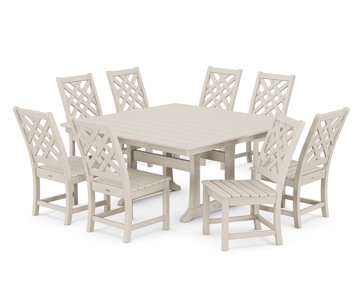 POLYWOOD Wovendale Side Chair 9-Piece Square Dining Set with Trestle Legs in Sand