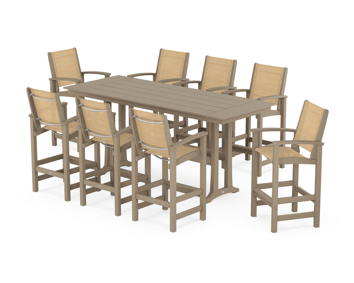 POLYWOOD Coastal 9-Piece Farmhouse Bar Set with Trestle Legs in Vintage Sahara / Dupioni Apricot